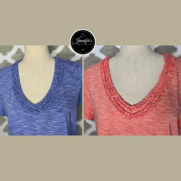 L.L. Bean Women's 2 Blue and Orange Double Ruffle Scoop Neck Short Sleeve Tops M - Picture 4 of 9